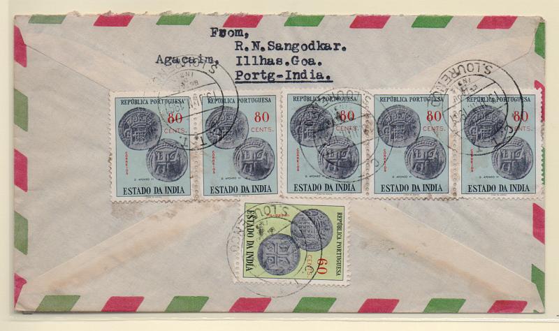 1534.jpg -     Lote:    1534            Índia       Descrição:         1959 &mdash; Moedas. Sobrescrito circulado de S. Lourenço (19.06.61) para a Alemanha com 5 selos de 80C CE512 e um selo de 60C CE511. Carimbo batido a preto de "S. LOURENÇO".         Lote       Valor Base:     &euro; 16,00     Valor Venda:     &euro; 28,00       
