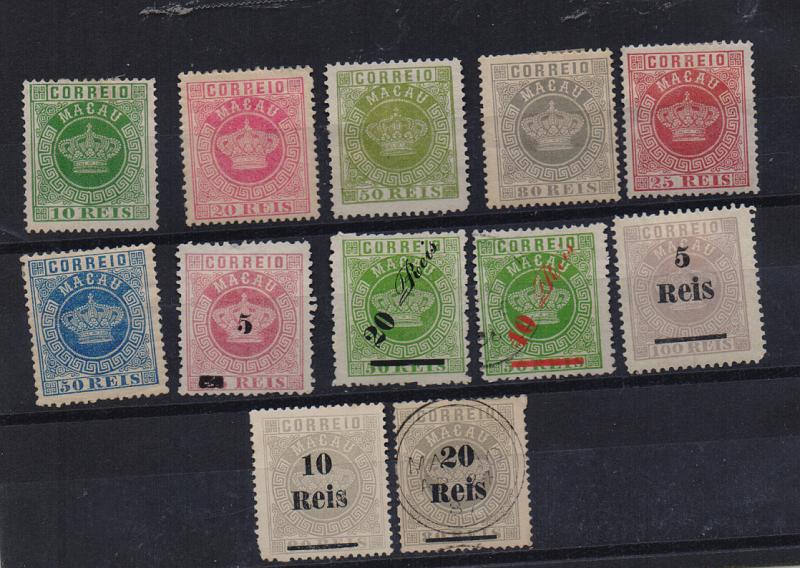 1535.jpg -     Lote:    1535            Macau       Descrição:         1884/87 &mdash; Tipo Coroa + Coroa, com sobretaxa. Lote composto por 12 selos: CE2, 4, 6 (falso Fournier), 13 (com sobretaxa a vermelho, usado), 14, 17, 20, 21, 22, 24, 26 e 28 (usado). Bom valor de catálogo. Pequenos defeitos nalguns selos. Lote a ver.         **/*/O       Valor Base:     &euro; 50,00     Valor Venda:     Retirado     