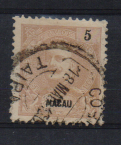 1540.jpg -     Lote:    1540            Macau       Descrição:         1900 &mdash; D. Carlos I Mouchon. CE95, 5 avos. Obliterado com carimbo batido a preto "CORREIO / TAIPA".         O       Valor Base:     &euro; 8,00     Valor Venda:     &euro; 8,00       