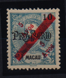 1545.jpg -     Lote:    1545            Macau       Descrição:         1911 &mdash; D. Carlos I, com sobretaxa. CE146, 5 s/ 10 avos azul esverdeado. Valor de catálogo &euro; 73,00.         *       Valor Base:     &euro; 20,00     Valor Venda:     &euro; 75,00       