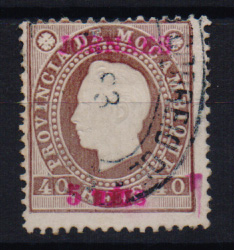 1553.jpg -     Lote:    1553            Moçambique       Descrição:         1893 &mdash; D. Luís I, fita direita, com sobretaxa. CE26, 5 s/ 40 reis castanho, sobrecarga tipo 3 a vermelho. Valor de catálogo &euro; 115,00. .         O       Valor Base:     &euro; 30,00     Valor Venda:     &euro; 65,00       