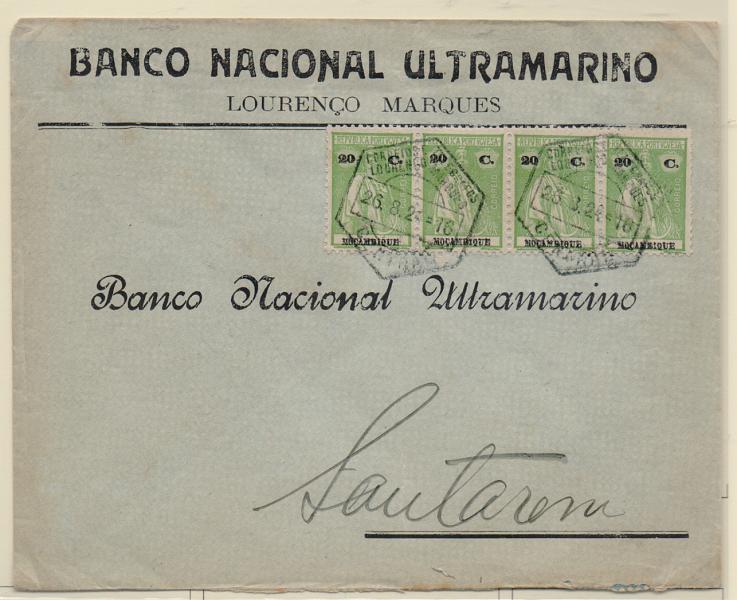 1564.jpg -     Lote:    1564            Moçambique       Descrição:         1914 &mdash; Ceres. Sobrescrito circulado de L. Marques (26.08.24) para Santarém com tira de 4 selos de 20C CE164.         Carta       Valor Base:     &euro; 10,00     Valor Venda:     &euro; 10,00       