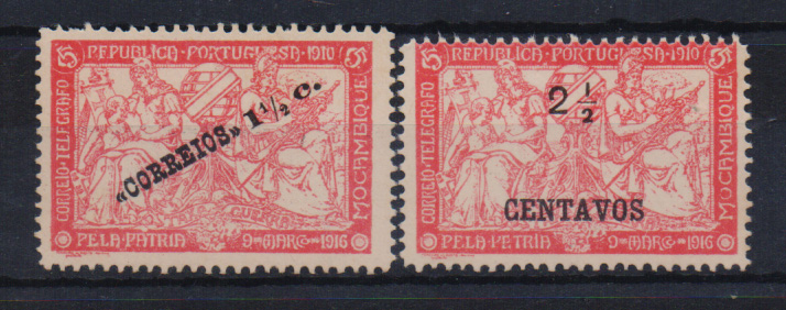 1566.jpg -     Lote:    1566            Moçambique       Descrição:         1918/20 &mdash; Taxa de Guerra. Selos do Imposto Postal com sobrecarga. Lote composto por dois selos: CE202, 1 &frac12; s/ 5c com erro PEPUBLICA e TELFGRAFO + CE204, 2 &frac12; s/ 5c com erro "PÉTRIA". Valor de catálogo &euro; 42,00.         RG***       Valor Base:     &euro; 8,00     Valor Venda:     Retirado     