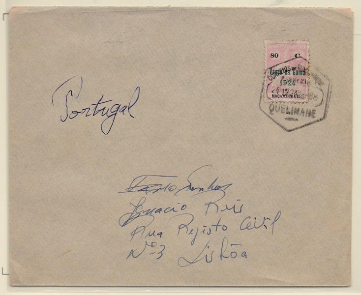 1569.jpg -     Lote:    1569            Moçambique       Descrição:         1924 &mdash; Tipo Ceres, com sobrecarga "VASCO DA GAMA". CE248, 80C rosa em sobrescrito circulado de Quelimane (24.12.24) para Lisboa (18.01.25). MB e MR.         Carta       Valor Base:     &euro; 50,00     Valor Venda:     &euro; 90,00       