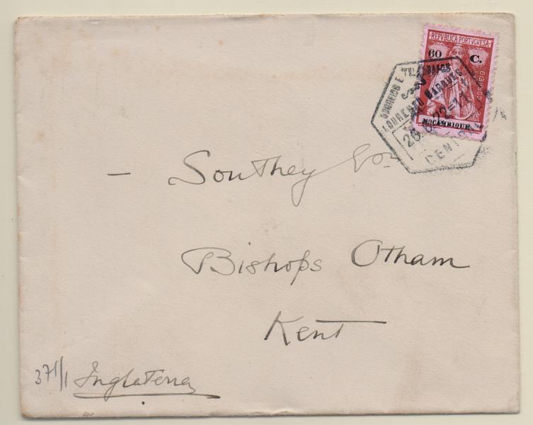 1571.jpg -     Lote:    1571            Moçambique       Descrição:         1921 &mdash; Ceres. Sobrescrito circulado de L. Marques (26..06.22) para Inglaterra, com selo de 60C castanho s/ rosa. CE231.         Carta       Valor Base:     &euro; 8,00     Valor Venda:     &euro; 14,00       