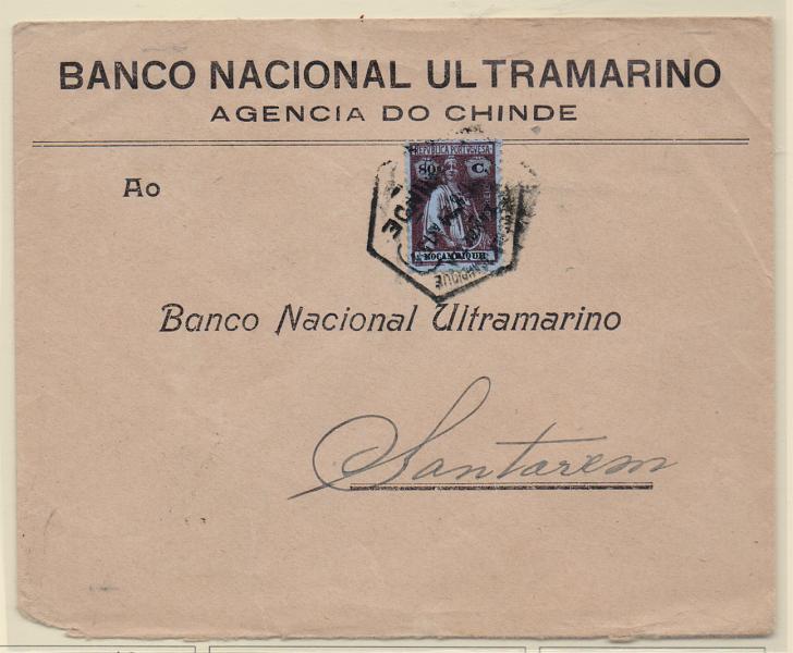 1572.jpg -     Lote:    1572            Moçambique       Descrição:         1921 &mdash; Ceres. CE232, 80C violeta s/ rosa, papel porcelana, denteado 15x14 em sobrescrito circulado do Chinde para Santarém (20.09.24).         Carta       Valor Base:     &euro; 12,00     Valor Venda:     &euro; 12,00       