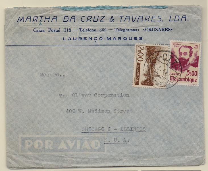 1575.jpg -     Lote:    1575            Moçambique       Descrição:         1948/49 &mdash; Centenário de António Enes + Vistas de Moçambique. Sobrescrito circulado de L. Marques (03.02.49) para os EUA com selos de 5$00 CE323 + 2$00 CE336.         Carta       Valor Base:     &euro; 4,00     Valor Venda:     Retirado     