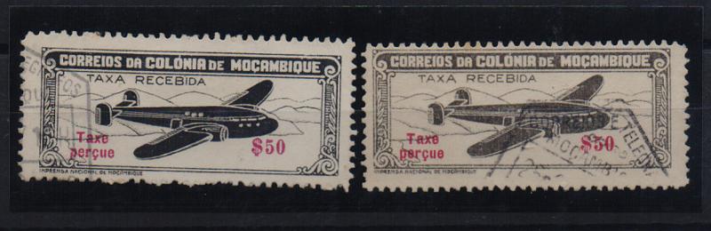 1577.jpg -     Lote:    1577            Moçambique       Descrição:         1947 &mdash; Correio Aéreo. Avião com legenda "Taxe Perçue". CE CA16, $50. Dois selos um em preto e outro em preto-cinzento.         O       Valor Base:     &euro; 3,00     Valor Venda:     Retirado     
