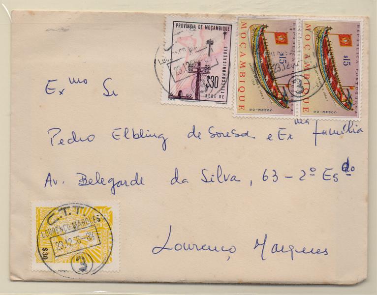 1580.jpg -     Lote:    1580            Moçambique       Descrição:         1964 &mdash; Galeotas Portuguesas + Rede de Telecomunicações + Assistência Pública * Tipo Pelicano. Sobrescrito circulado em L. Marques (23.12.65) com dois selos de $15 (porte de impressos) CE481 + selos do imposto postal de $30 CE IP68 e selo de $30 CE IP58.         Carta       Valor Base:     &euro; 12,00     Valor Venda:     Retirado     