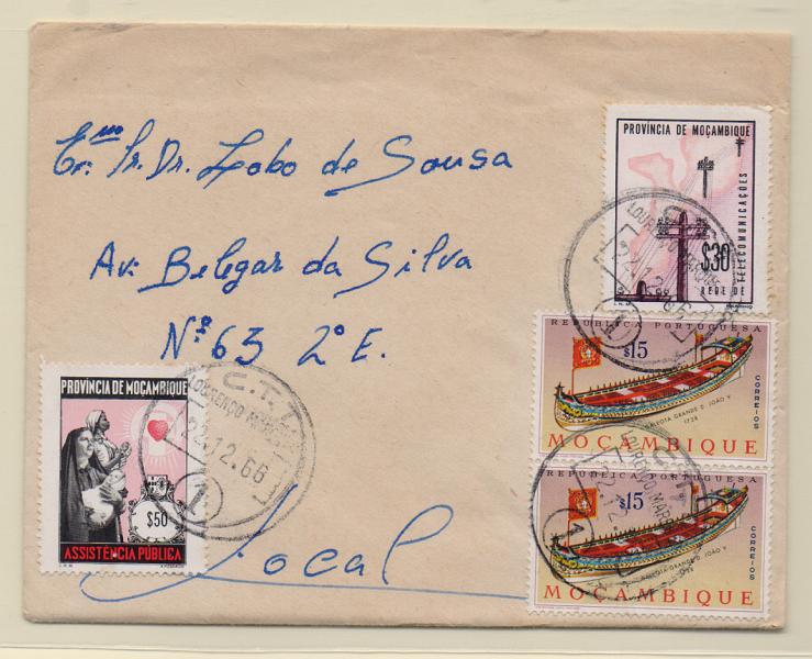 1582.jpg -     Lote:    1582            Moçambique       Descrição:         1964 &mdash; Galeotas Portuguesas + Rede de Telecomunicações + Assistência Pública. Sobrescrito circulado em L. Marques (22.12.66) com dois selos de $15 (porte de impressos) CE481 + selos do imposto postal de $30 CE IP68 e selo de $50 CE IP63.         Carta       Valor Base:     &euro; 12,00     Valor Venda:     Retirado     