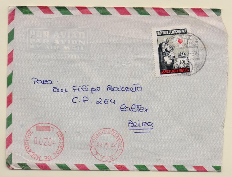 1584.jpg -     Lote:    1584            Moçambique       Descrição:         1964/69 &mdash; Assistência Pública. Sobrescrito circulado de L. Marques (27.04.73) para a Beira com franquia mecânica a vermelho de 2$00 + selo do imposto de $50 CE IP64.         Carta       Valor Base:     &euro; 10,00     Valor Venda:     Retirado     