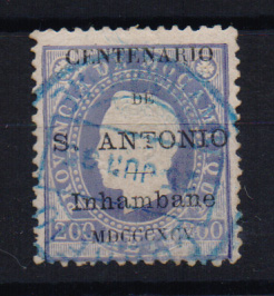 1585.jpg -     Lote:    1585            Inhambane       Descrição:         1895 &mdash; Selos de D. Luís I de Moçambique, com sobrecarga do "Centenário de S. António. CE8, 200 reis azul violeta. Valor de catálogo &euro; 115,00.         O       Valor Base:     &euro; 30,00     Valor Venda:     &euro; 36,00       
