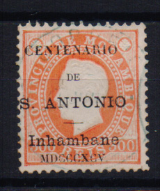 1586.jpg -     Lote:    1586            Inhambane       Descrição:         1895 &mdash; Selos de D. Luís I de Moçambique, com sobrecarga do "Centenário de S. António. CE9, 300 reis laranja. Valor de catálogo &euro; 115,00.         O       Valor Base:     &euro; 30,00     Valor Venda:     &euro; 36,00       