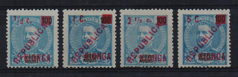 1589.jpg -     Lote:    1589            Kionga       Descrição:         1916 &mdash; Selos de D. Carlos I, de Lourenço Marques, com sobretaxa. CE &frac14;. Série completa. Valor de catálogo &euro; 72,00.         *       Valor Base:     &euro; 15,00     Valor Venda:     &euro; 42,00       