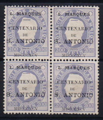 1591.jpg -     Lote:    1591            Lourenço Marques       Descrição:         1895 &mdash; Selos de D. Luís I, de Moçambique, com sobrecarga do "Centenário de S. António. CE21, 200 reis. Quadra. Valor de catálogo &euro; 228,00         *       Valor Base:     &euro; 25,00     Valor Venda:     &euro; 60,00       