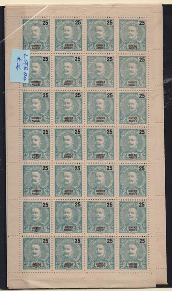 1592.jpg -     Lote:    1592            Lourenço Marques       Descrição:         1898/1901 &mdash; D. Carlos I Mouchon. CE34/35, 37. Lote com 3 folhas completas das taxas de 10, 15 e 25 reis, em denteado 11 &frac12;. Valor de catálogo &euro; 107,80.         *       Valor Base:     &euro; 26,00     Valor Venda:     Retirado     