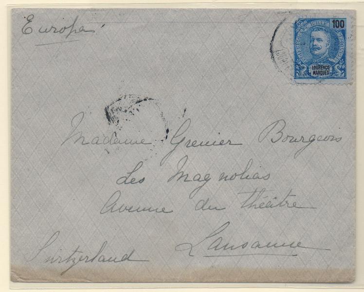 1594.jpg -     Lote:    1594            Lourenço Marques       Descrição:         1898/1901 &mdash; D. Carlos I Mouchon. CE41, 100 reis denteado 11 &frac12;, em sobrescrito circulado de L. marques para Lausane (13.09.99).         Carta       Valor Base:     &euro; 18,00     Valor Venda:     Retirado     