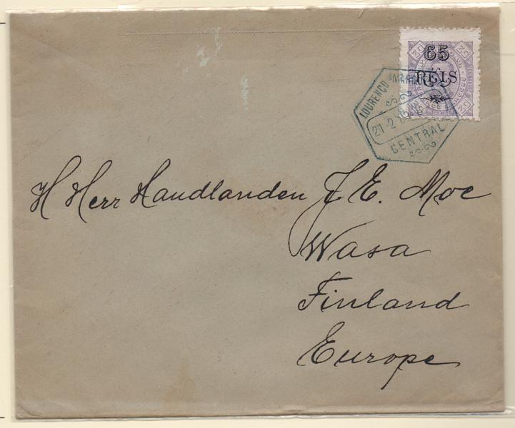 1595.jpg -     Lote:    1595            Lourenço Marques       Descrição:         1902 &mdash; D. Carlos I tipo Diogo Neto. CE55, 65 reis s/ 20 reis violeta em sobrescrito circulado de L- Marques (21.02.02) para a Finlândia. MB e R.         Carta       Valor Base:     &euro; 65,00     Valor Venda:     Retirado     