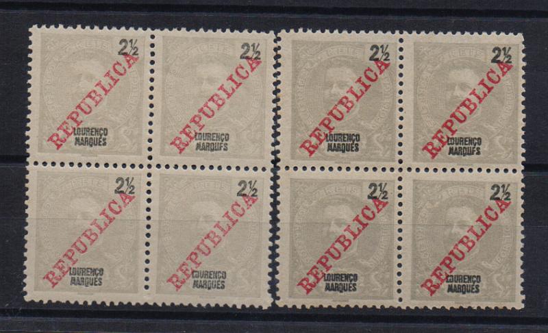 1597.jpg -     Lote:    1597            Lourenço Marques       Descrição:         1911 &mdash; D. Carlos I, tipo Mouchon, com sobrecarga REPUBLICA. CE78, 2 &frac12; reis. Lote composto por duas quadras em cinzento e cinzento claro, cada uma com um selo com a variedade "MARQUFS".         **       Valor Base:     &euro; 8,00     Valor Venda:     &euro; 16,00       