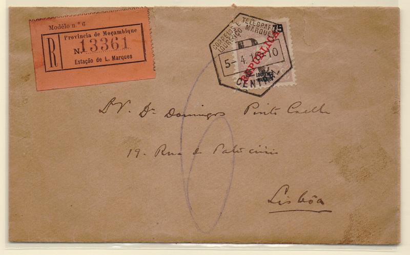 1598.jpg -     Lote:    1598            Lourenço Marques       Descrição:         1911 &mdash; D. Carlos I Mouchon, com sobrecarga REPUBLICA da Casa da Moeda. Sobrescrito circulado registado de L. Marques (05.04.16) para Lisboa, com selo de 75 reis violeta castanho, CE85. MB.         Carta       Valor Base:     &euro; 25,00     Valor Venda:     Retirado     