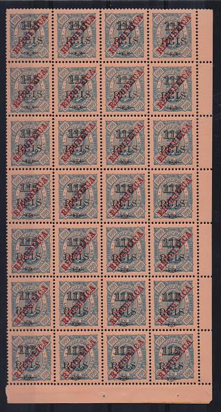 1599.jpg -     Lote:    1599            Lourenço Marques       Descrição:         1915 - D. Carlos I. Selos de 1902 com sobrecarga REPUBLICA da Casa da Moeda. CE141, 115 s/ 300 reis. Folha completa com 28 selos. Valor de catálogo &euro; 44,80.         ***       Valor Base:     &euro; 10,00     Valor Venda:     Retirado     