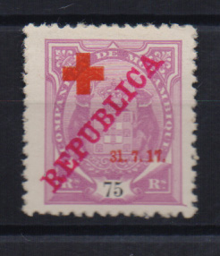 1604.jpg -     Lote:    1604            Companhia de Moçambique       Descrição:         1917 &mdash; Tipo Elefante, com sobrecarga REPUBLICA e sobrecarga Cruz Vermelha. CE111, 75 reis lilás, variedade "1" de "31" maior: Valor de catálogo &euro; 120,00.         **       Valor Base:     &euro; 30,00     Valor Venda:     &euro; 40,00       