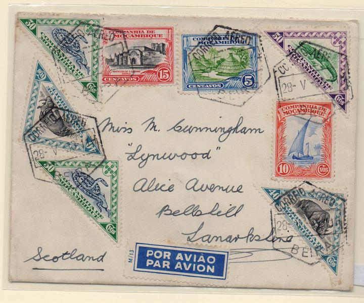 1607.jpg -     Lote:    1607            Companhia de Moçambique       Descrição:         1937 &mdash; Motivos locais. Sobrescrito circulado da Beira (28.05.39) para a Escócia com selos de: 2x5c, 10c, 2x15c, 2x30c, 4x40c e 50c CE173, 174, 175, 177, 178 e 180.         Carta       Valor Base:     &euro; 20,00     Valor Venda:     Retirado     