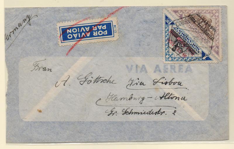 1610.jpg -     Lote:    1610            Companhia de Moçambique       Descrição:         1939 &mdash; Motivos locais, com sobrecarga da "Visita Presidencial". Sobrescrito circulado por via aérea da Beira (30.09.39) para a Alemanha com trânsito por Lisboa (04.11.39), com selos de 1E e 2E CE196/97.         Carta       Valor Base:     &euro; 15,00     Valor Venda:     &euro; 22,00       
