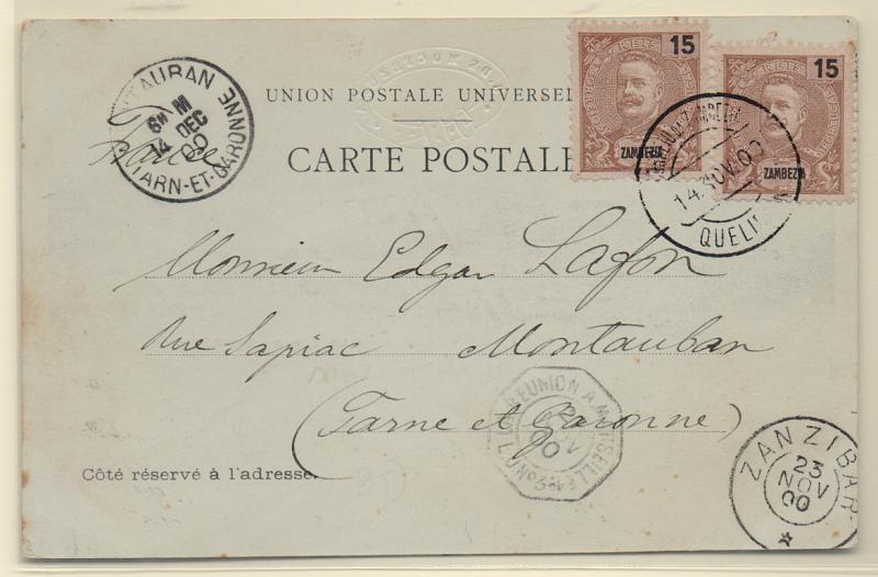 1618.jpg -     Lote:    1618            Zambézia       Descrição:         1898/1901 &mdash; D. Carlos I tipo Mouchon. Postal ilustrado circulado de Quelimane (14.11,00) para França (14.12,00) via Zanzibar (23.11,00), com dois selos de 15 reis castanho CE17. Carimbo octogonal "LA REUNION A MARSEILLE / L. N.º 3".         PI       Valor Base:     &euro; 80,00     Valor Venda:     Retirado     