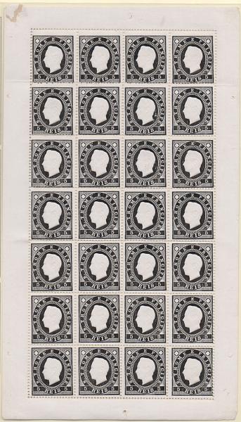1619.jpg -     Lote:    1619            S. Tomé e Príncipe       Descrição:         1887 &mdash; D. Luís I, fita direita. CE15, 5 reis preto. Folha completa com 28 selos em denteado 13 &frac12;. Valor de catálogo &euro; 540,00. MB e MR.         ***       Valor Base:     &euro; 75,00     Valor Venda:     Retirado     