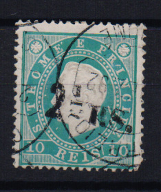 1621.jpg -     Lote:    1621            S. Tomé e Príncipe       Descrição:         1892 &mdash; D. Luís I, fita direita. Com sobretaxa. CE28, 2 &frac12; reis s/ 10 reis verde, sobrecarga a preto, tipo 1. Valor de catálogo &euro; 105,00.         O       Valor Base:     &euro; 30,00     Valor Venda:     Retirado     