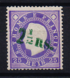 1622.jpg -     Lote:    1622            S. Tomé e Príncipe       Descrição:         1892 &mdash; D. Luís I, fita direita. Com sobretaxa. NÃO EMITIDO, 2 &frac12; reis s/ 25 reis violeta, sobrecarga a verde, tipo 1.         **       Valor Base:     &euro; 50,00     Valor Venda:     &euro; 75,00       