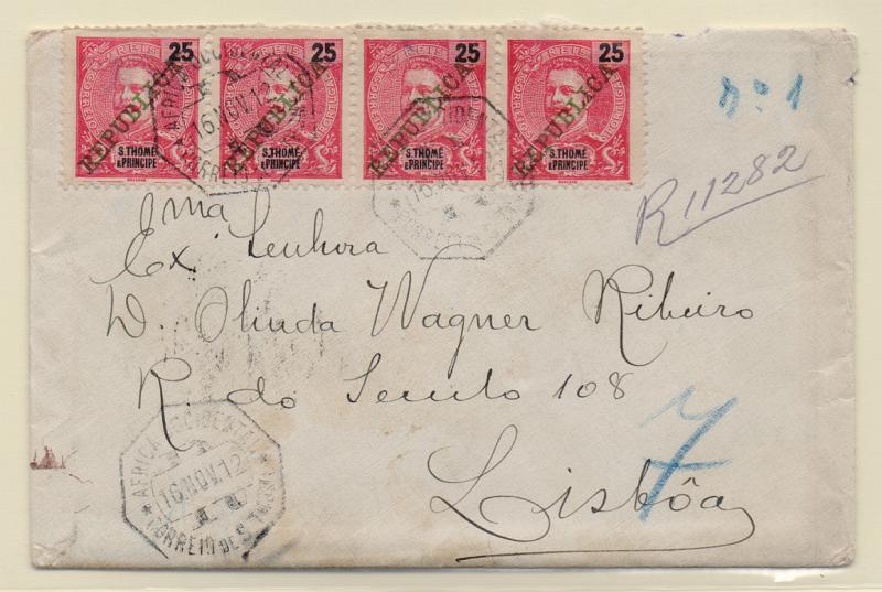 1623.jpg -     Lote:    1623            S. Tomé e Príncipe       Descrição:         1911 &mdash; D. Carlos I Mouchon com sobrecarga REPUBLICA. Sobrescrito circulado registado de S. Tomé (10.11.12) para Lisboa (03.12.12) com 4 selos de 25 reis carmim CE101.         Carta       Valor Base:     &euro; 25,00     Valor Venda:     &euro; 26,00       