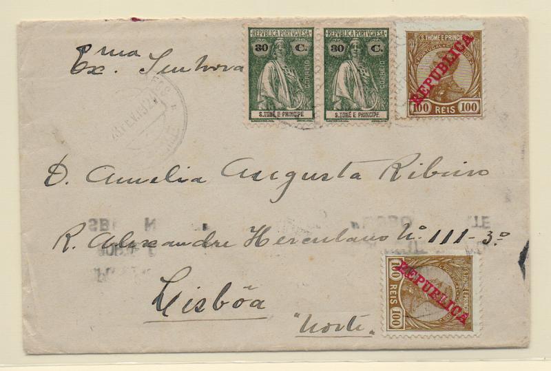 1625.jpg -     Lote:    1625            S. Tomé e Príncipe       Descrição:         1912/22 &mdash; D. Manuel II com sobrecarga REPUBLICA + Ceres. Sobrescrito circulado de S. Tomé (25.02.27) para Lisboa com dois selos de 100 reis CE118 e par de 30c CE254. B.         Carta       Valor Base:     &euro; 40,00     Valor Venda:     &euro; 44,00       