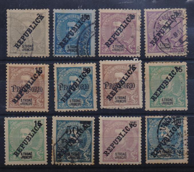 1626.jpg -     Lote:    1626            S. Tomé e Príncipe       Descrição:         1914 &mdash; D. Luís I e D. Carlos I com sobrecarga REPUBLICA local, tipografada e zincografada. Lote com 30 selos da emissão, novos e usados, todos diferentes. Bom valor de catálogo. Todos os estados. Lote a ver.         Lote       Valor Base:     &euro; 50,00     Valor Venda:     Retirado     