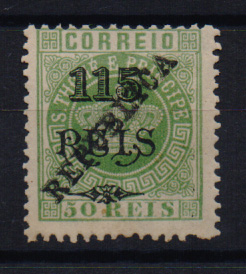 1627.jpg -     Lote:    1627            S. Tomé e Príncipe       Descrição:         1915 &mdash; Tipo Coroa. Selos de 1902 com sobrecarga REPUBLICA zincogravada. CE153, 115 s/ 50 reis verde. Valor de catálogo &euro; 325,00.         *       Valor Base:     &euro; 60,00     Valor Venda:     &euro; 140,00       