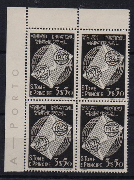 1629.jpg -     Lote:    1629            S. Tomé e Príncipe       Descrição:         1949 &mdash; 75.º Aniversário da União Postal Universal. CE348, 3$50 preto. Quadra. Valor de catálogo &euro; 64,00.         ***       Valor Base:     &euro; 10,00     Valor Venda:     &euro; 10,00       