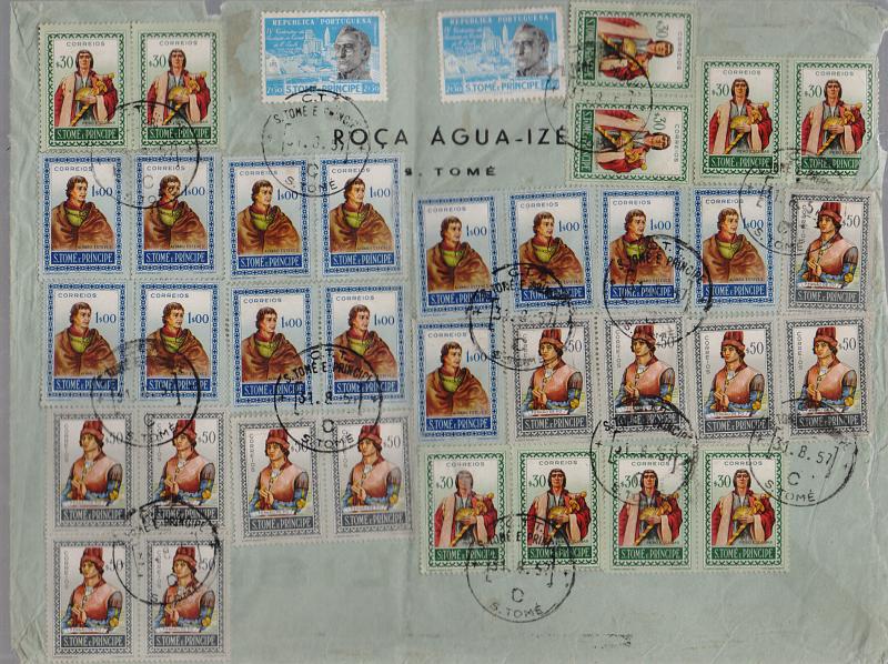 1631.jpg -     Lote:    1631            S. Tomé e Príncipe       Descrição:         1952 &mdash; Navegadores Portugueses + Centenário de S. Paulo. Sobrescrito de grandes dimensões circulado de S. Tomé (31.08.57) para Lisboa, com 36 selos; 2x CE363 + 10 x $30 CE354 + 11 selos de $50 CE355 + 13 selos de 1$00 CE356.         Carta       Valor Base:     &euro; 25,00     Valor Venda:     Retirado     