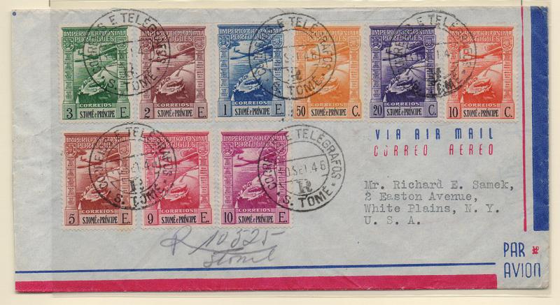1633.jpg -     Lote:    1633            S. Tomé e Príncipe       Descrição:         1938 &mdash; Correio aéreo. Império Colonial Português. Legenda S. Tomé e Príncipe. CE CA10/18. Série completa em sobrescrito circulado registado de S. Tomé (10.09.46) para os EUA.         Carta       Valor Base:     &euro; 55,00     Valor Venda:     Retirado     