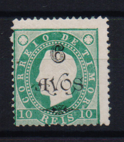 1634.jpg -     Lote:    1634            Timor       Descrição:         1902 &mdash; D. Luís I, fita direita, com sobretaxa. CE78, 6 avos s/ 10 reis verde. Valor de catálogo &euro; 280,00.         *       Valor Base:     &euro; 80,00     Valor Venda:     &euro; 80,00       
