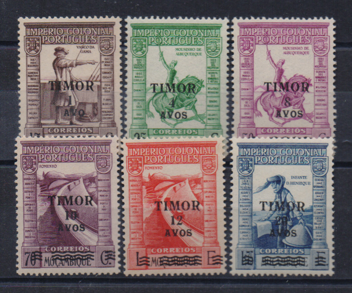 1636.jpg -     Lote:    1636            Timor       Descrição:         1946 &mdash; Selos de Moçambique do Império Colonial Português, com sobrecarga "TIMOR". CE244/249. Série completa. Valor de catálogo &euro; 72,00.         ***       Valor Base:     &euro; 15,00     Valor Venda:     &euro; 24,00       
