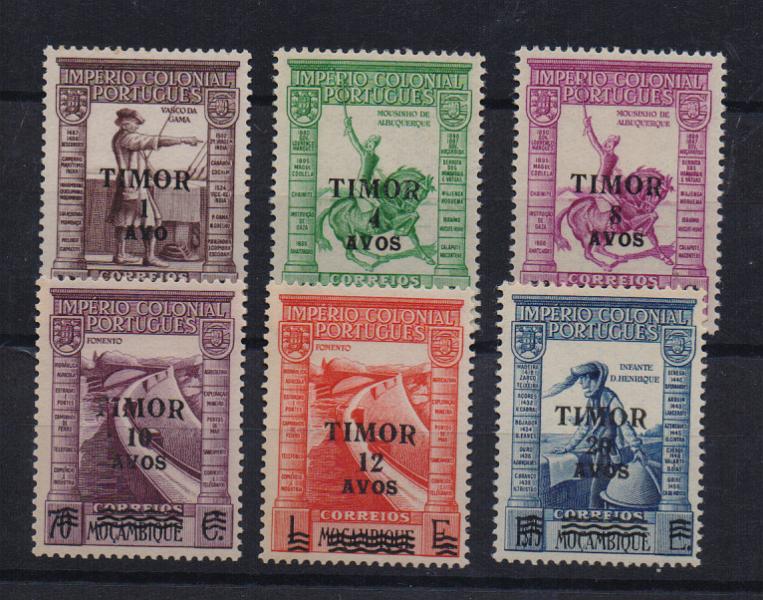 1637.jpg -     Lote:    1637            Timor       Descrição:         1946 &mdash; Selos de Moçambique do Império Colonial Português, com sobrecarga "TIMOR". CE244/249. Série completa. Valor de catálogo &euro; 72,00.         ***       Valor Base:     &euro; 15,00     Valor Venda:     &euro; 15,00       