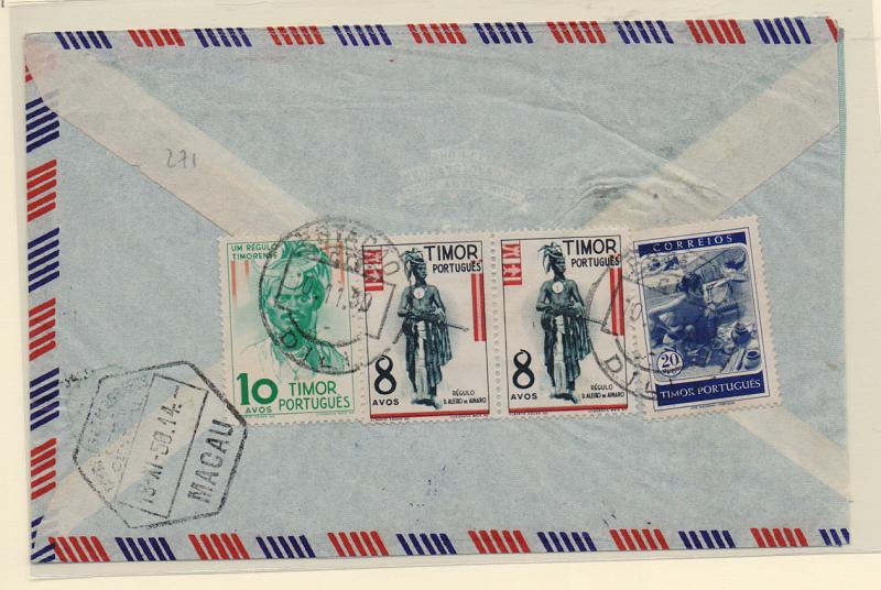 1638.jpg -     Lote:    1638            Timor       Descrição:         1948/50 &mdash; Tipos Indígenas. Sobrescrito circulado de Dili (10.11.50) para Macau (18.11.50) com selos de 8 avos (par), 10 e 20 avos CE264, 265 e 271.         Carta       Valor Base:     &euro; 55,00     Valor Venda:     Retirado     