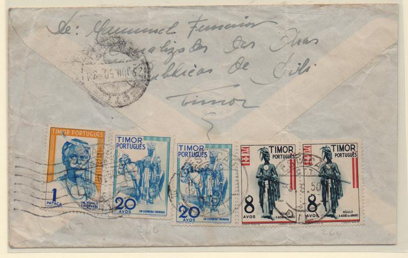 1639.jpg -     Lote:    1639            Timor       Descrição:         1948 &mdash; Tipos Indígenas. Sobrescrito circulado de Dili (03.06.50) para Lisboa (25.06.50) com selos de 8 avos (par), 2 x 20 avos e 1P, CE264, 266 e 267         Carta       Valor Base:     &euro; 80,00     Valor Venda:     Retirado     