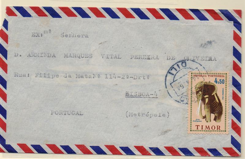 1642.jpg -     Lote:    1642            Timor       Descrição:         1961 &mdash; Arte Indígena. Sobrescrito circulado de Dili (14.04.64) para Lisboa, com selo de 4$50 CE323. B e R.         Carta       Valor Base:     &euro; 15,00     Valor Venda:     &euro; 15,00       