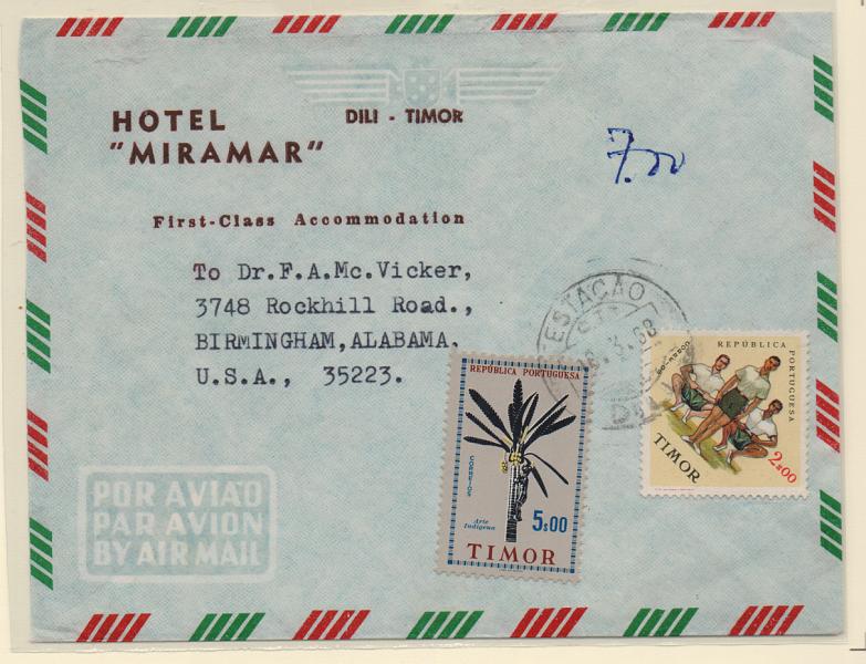 1643.jpg -     Lote:    1643            Timor       Descrição:         1961/62 &mdash; Arte Indígena + Modalidades desportivas. Sobrescrito circulado de Dili (16.03.68) para os EUA com selos de 5$00 CE324 e 2$00 CE331. MB.         Carta       Valor Base:     &euro; 40,00     Valor Venda:     Retirado     