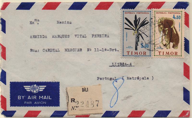 1644.jpg -     Lote:    1644            Timor       Descrição:         1961 &mdash; Arte Indígena. Sobrescrito circulado registado de Dili (04.11.63) para Lisboa, com selo de 4$50 e 5$00 CE323/4. B e R.         Carta       Valor Base:     &euro; 20,00     Valor Venda:     &euro; 22,00       