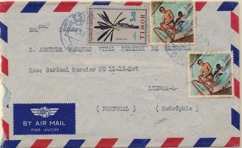 1645.jpg -     Lote:    1645            Timor       Descrição:         1961/62 &mdash; Arte Indígena + Modalidades desportivas. Sobrescrito circulado de Dili (24.12.93) para Lisboa, com selo de 5$00 CE324 + dois selos de 1$50 CE330. B e R.         Carta       Valor Base:     &euro; 15,00     Valor Venda:     &euro; 15,00       