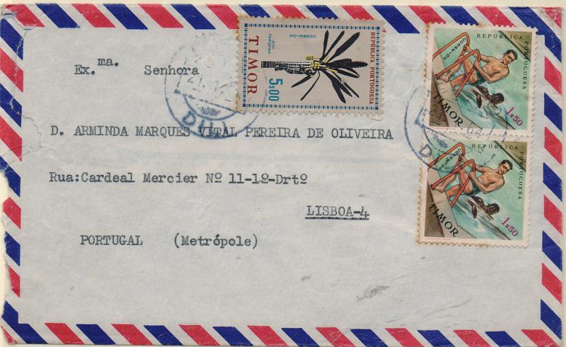 1646.jpg -     Lote:    1646            Timor       Descrição:         1961/62 &mdash; Arte Indígena + Modalidades desportivas. Sobrescrito circulado de Dili (21.01.64) para Lisboa, com selo de 5$00 CE324 + par de 1$50 CE330. B e R.         Carta       Valor Base:     &euro; 15,00     Valor Venda:     &euro; 15,00       