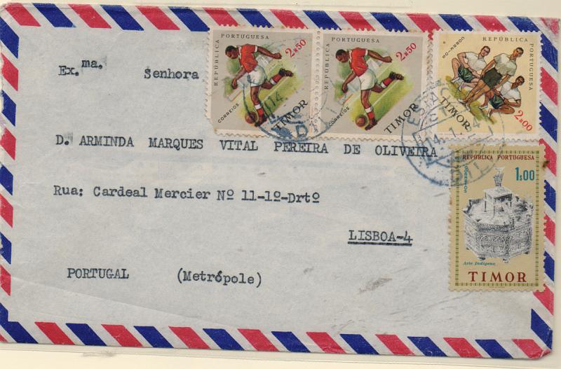 1647.jpg -     Lote:    1647            Timor       Descrição:         1961/62 &mdash; Arte Indígena + Modalidades desportivas. Sobrescrito circulado de Dili (14.01.64) para Lisboa, com selo de 1$00 CE321 + 2$00 CE331 + par de 2$50 CE332. B e R.         Carta       Valor Base:     &euro; 15,00     Valor Venda:     &euro; 16,00       
